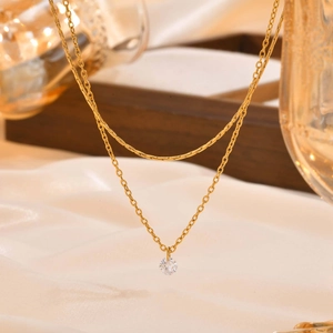 Stainless Steel Double Layer Gold Necklace For Women With Round White Rhinestone Pendant Minimalist Fashion Jewelry