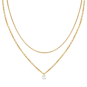 Double-layered gold stainless steel necklace with white zircon pendant on white background