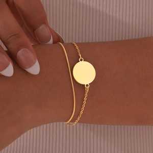 Minimalist Stainless Steel Double Layer Bracelet For Women Snake Chain Round Disc Pendant Engravable Fashion Jewelry Gift