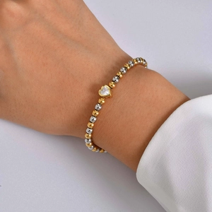 Minimalistische roestvrijstalen kralenarmband met goud-zilveren zirkoon hartje
