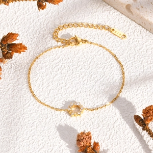 Gold stainless steel cross chain bracelet with zircon sunflower pendant and K18 hallmark