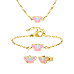 Goldenes Schmetterling Schmuckset für Mädchen mit Emaille-Halskette und Ohrringen