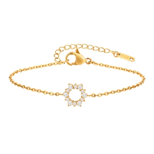 Golden stainless steel chain bracelet featuring a flower zircon pendant with lobster clasp