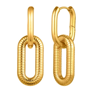 Two-tone oval gold geometric earrings featuring a textured link and polished u-shaped design