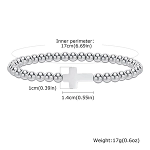 Détail d'un bracelet à billes argenté de 17cm avec croix et dimensions du produit