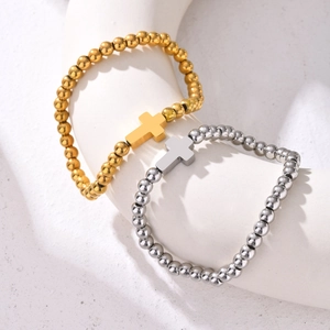 Bracelets en perles d'acier inoxydable avec pendentifs croix en finitions or et argent