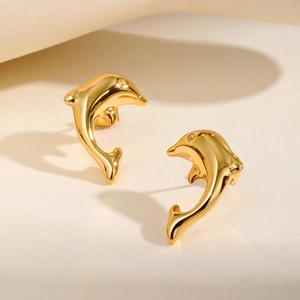 Minimalist gold-plated stainless steel dolphin stud earrings with polished mirror finish