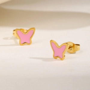 Orecchini a farfalla minimalisti in acciaio inossidabile dorato e smalto rosa donna