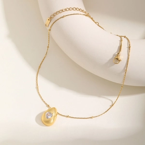 Edelstahl Herz Zirkonia Wassertropfen Anhänger Halskette Gold Plattiert Satelliten-Perlenkette Eleganter Schmuck Damen