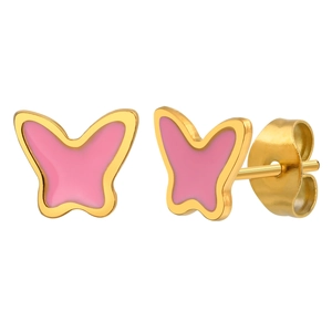 Eleganti orecchini a farfalla in oro con smalto rosa su sfondo bianco puro