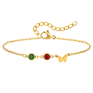 Goldenes Edelstahlarmband mit Schmetterlingsanhänger und grünen und roten Edelsteinen