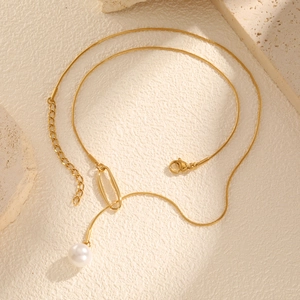 Collier Lariat En Y En Acier Inoxydable Plqué Or 18K Chaîne Serpent Anneau Ovale Géométrique Pendentif Künstliche Perle Bijoux Femmes