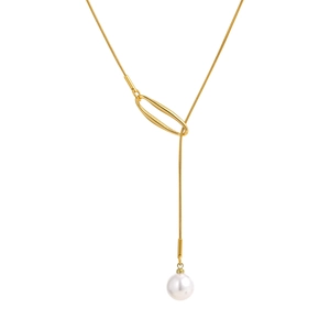 Collier en Y doré élégant avec chaîne serpent et pendentif en perle blanche brillante