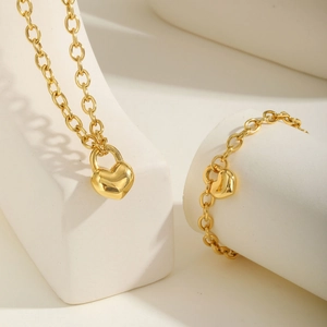 Parure de bijoux en acier inoxydable doré avec chaîne à maillons et cadenas en cœur
