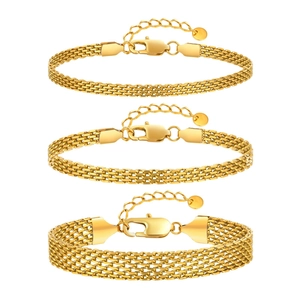 Three gold mesh stainless steel bracelets for women with lobster clasp and extension chains