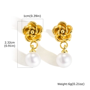 Detailed view of vintage gold rose earrings with white pearls and product dimensions