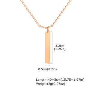 Rose gold rectangle vertical bar necklace detail with size dimensions and dimensions