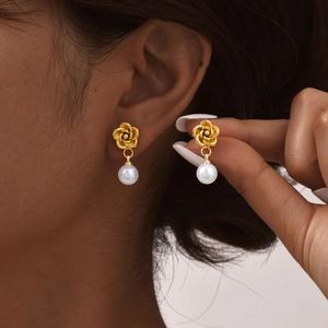 French vintage style stainless steel camellia flower earrings with elegant white pearls