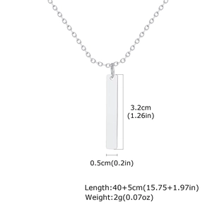 Macro detail of stainless steel bar pendant necklace showing precise measurements and texture