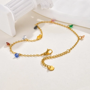 Golden stainless steel anklet with colorful teardrop zircon charms for summer beach