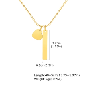 Detailed size chart showing gold heart and 3.2cm bar pendant necklace dimensions