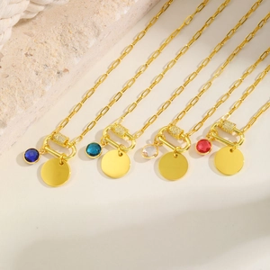 18K gold plated stainless steel necklaces with colorful birthstones and round metal charms