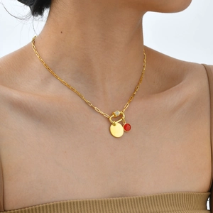 Detail view of a gold paperclip chain necklace with a red stone and round metal pendant
