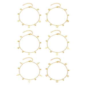 Set aus 6 goldenen Edelstahl-Fußkettchen mit Schmetterlings- und Kreuzanhängern