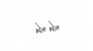 Macro view of mini candy-shaped ear studs with 5mm x 2mm dimensions and clear zircon