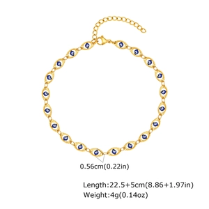 Detail view of evil eye anklet showing 22.5+5cm length and 4g weight specs