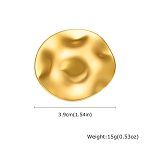 Detail view of gold irregular round brooch with hammered texture and 3.9cm size info