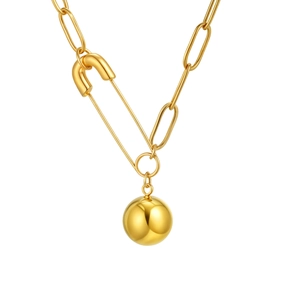 Collana a catena a graffetta in acciaio inossidabile dorato con spilla e ciondolo a sfera