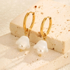 French Vintage Lily Of The Valley Hoop Drop Earrings With Stainless Steel Earring Post 18K Gold Plated Brass Artificial Pearl Flower Earrings