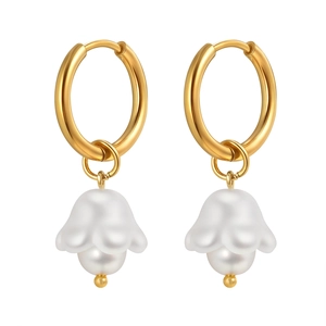 Golden stainless steel hoop earrings with elegant lily of the valley pearl pendants