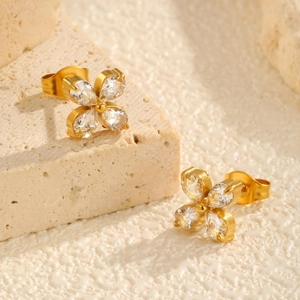 Elegant gold stainless steel stud earrings with four-petal white zircon flower stones