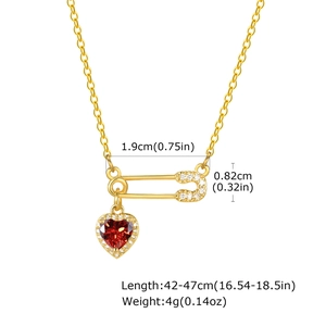 Macro detail of paperclip pendant with red heart gemstone and dimensions for necklaces