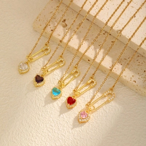 Gold chain heart necklace with safety pin pendant and colorful zircon stones in five colors