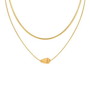 Double-layered gold stainless steel necklace with flat snake chain and striped drop pendant