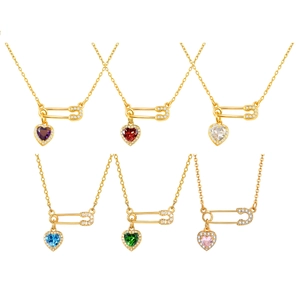 Set of six gold heart necklaces with safety pin design and colorful crystal pendants