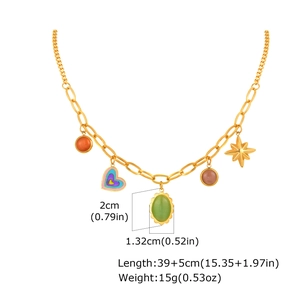 Detailed view of gold chain necklace showing precise measurements of pendants and total length