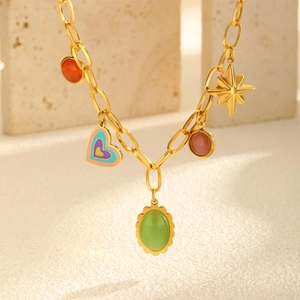Stainless Steel Enamel Heart Star Necklace Colorful Artificial Cat's Eye Stone Pendant Necklace For Women Dopamine Jewelry