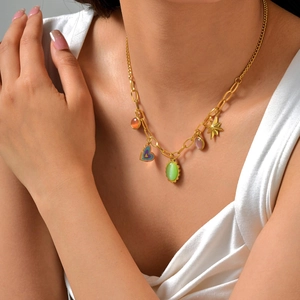 Bohemian gold stainless steel necklace with enamel heart and colorful opal star charms