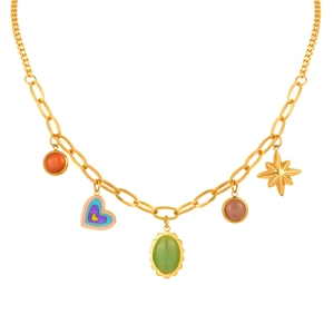 Gold stainless steel chain necklace with colorful heart, opal star pendants