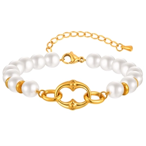 Bracelet élégant en acier doré avec perles blanches et maillons emboîtables nez de cochon