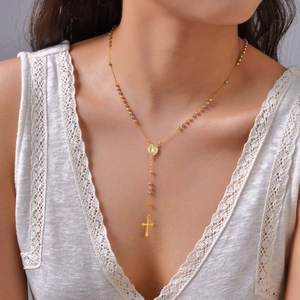 Tricolor beaded rosary Y-necklace in stainless steel with Virgin Mary medal and cross