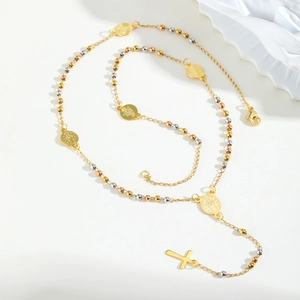 Tricolor stainless steel rosary necklace with religious medal and gold cross pendant