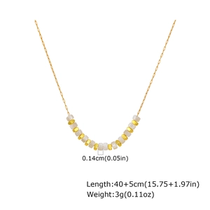 Detail view of gold square chain necklace with shell beads showing 40+5cm length specs