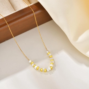 Elegant gold square beads and shell pearl strand necklace on Franco chain for women