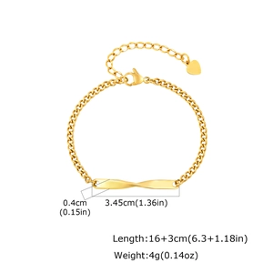 Détail du bracelet Mobius en acier inoxydable doré avec mesures de taille 16+3 cm