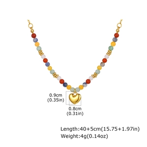 Close-up of colorful beaded necklace with gold heart pendant and size specifications